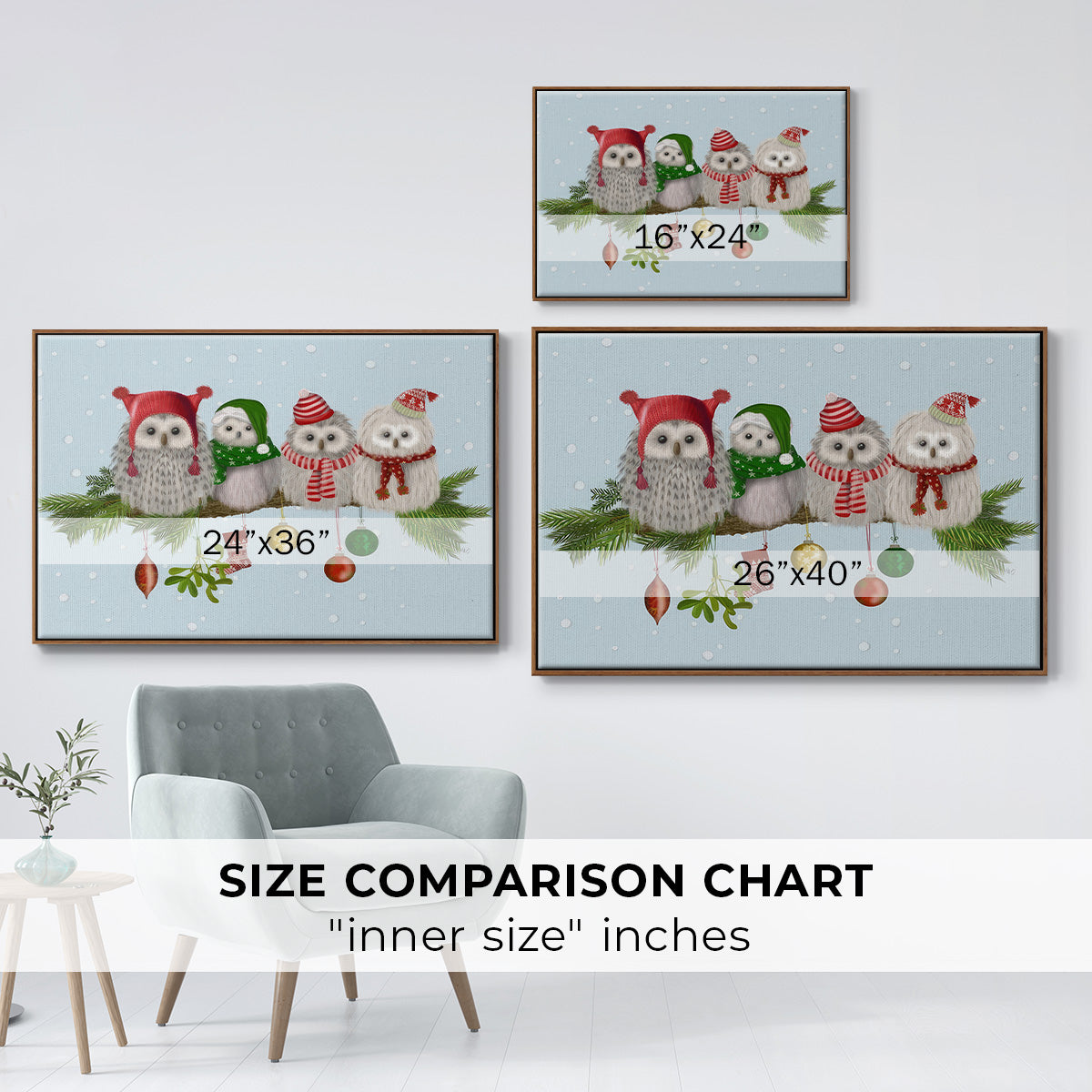 Fluffy Christmas Owls on Branch - Floater Framed Canvas Print