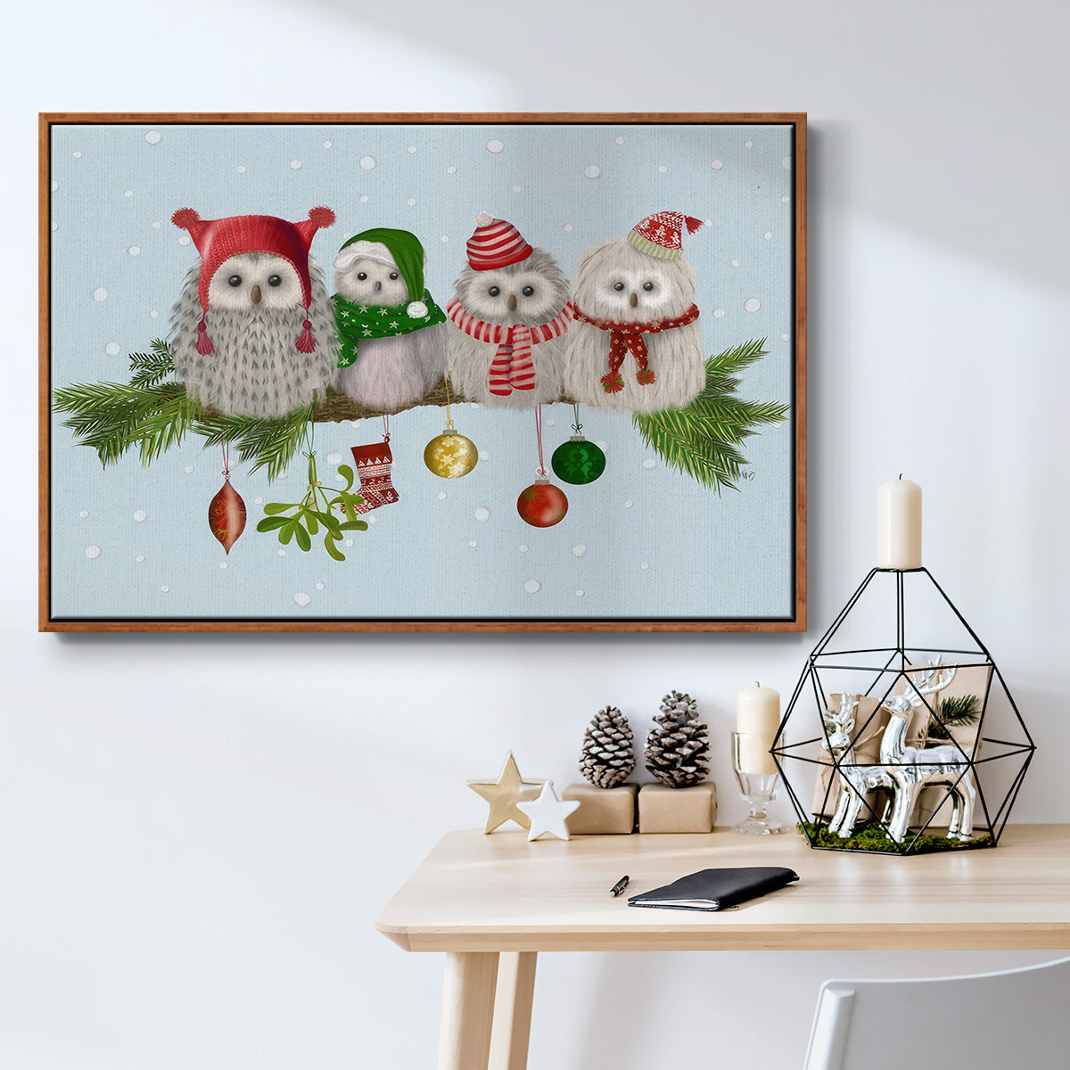 Fluffy Christmas Owls on Branch - Floater Framed Canvas Print