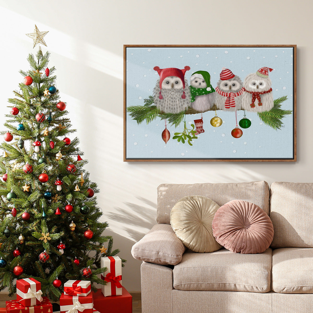 Fluffy Christmas Owls on Branch - Floater Framed Canvas Print
