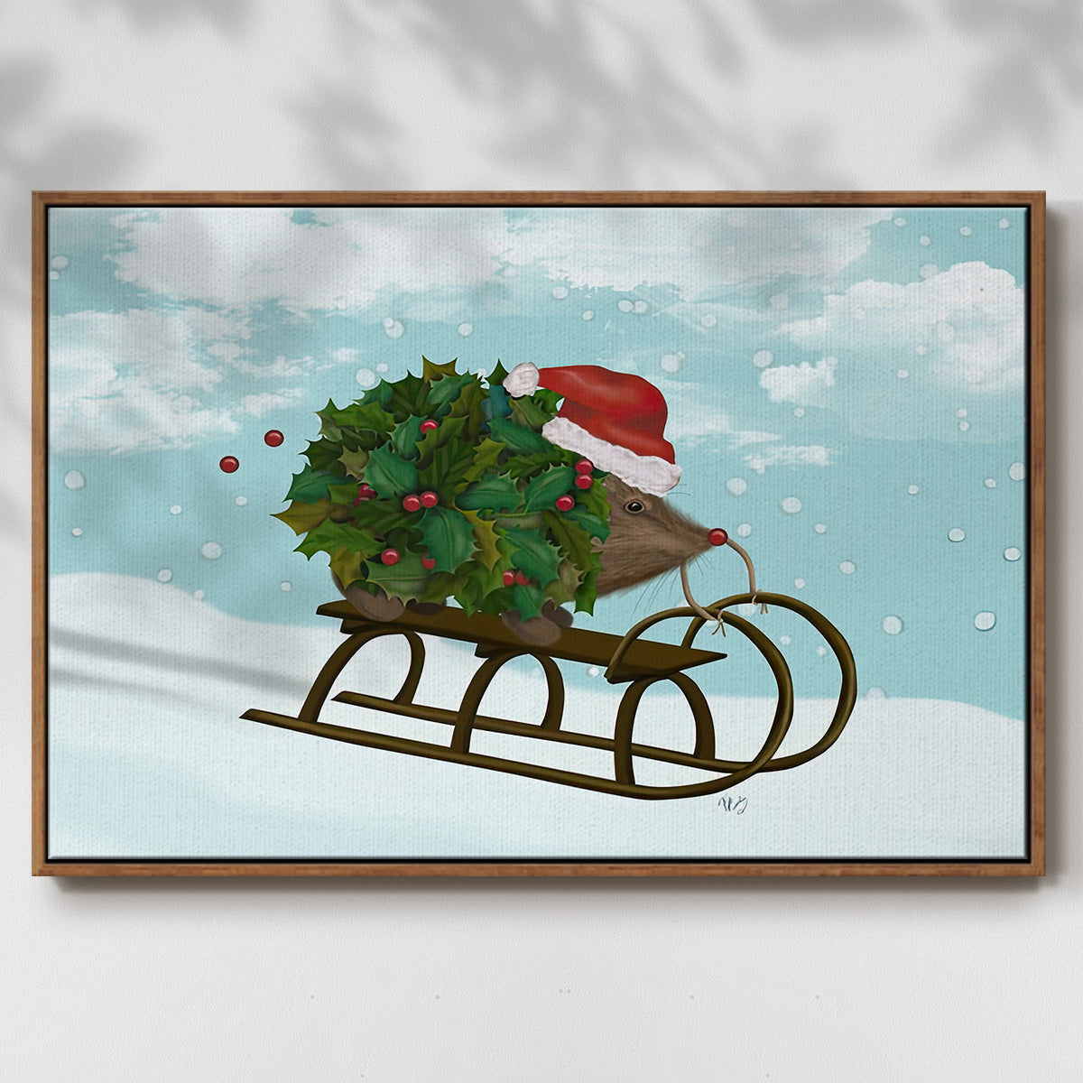 Christmas Holly Hedgehog Sledding - Floater Framed Canvas Print