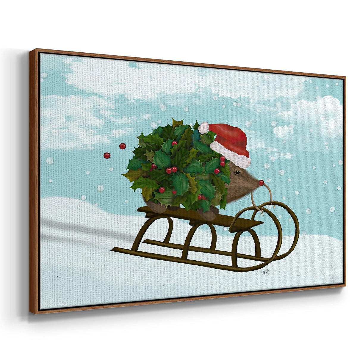 Christmas Holly Hedgehog Sledding - Floater Framed Canvas Print