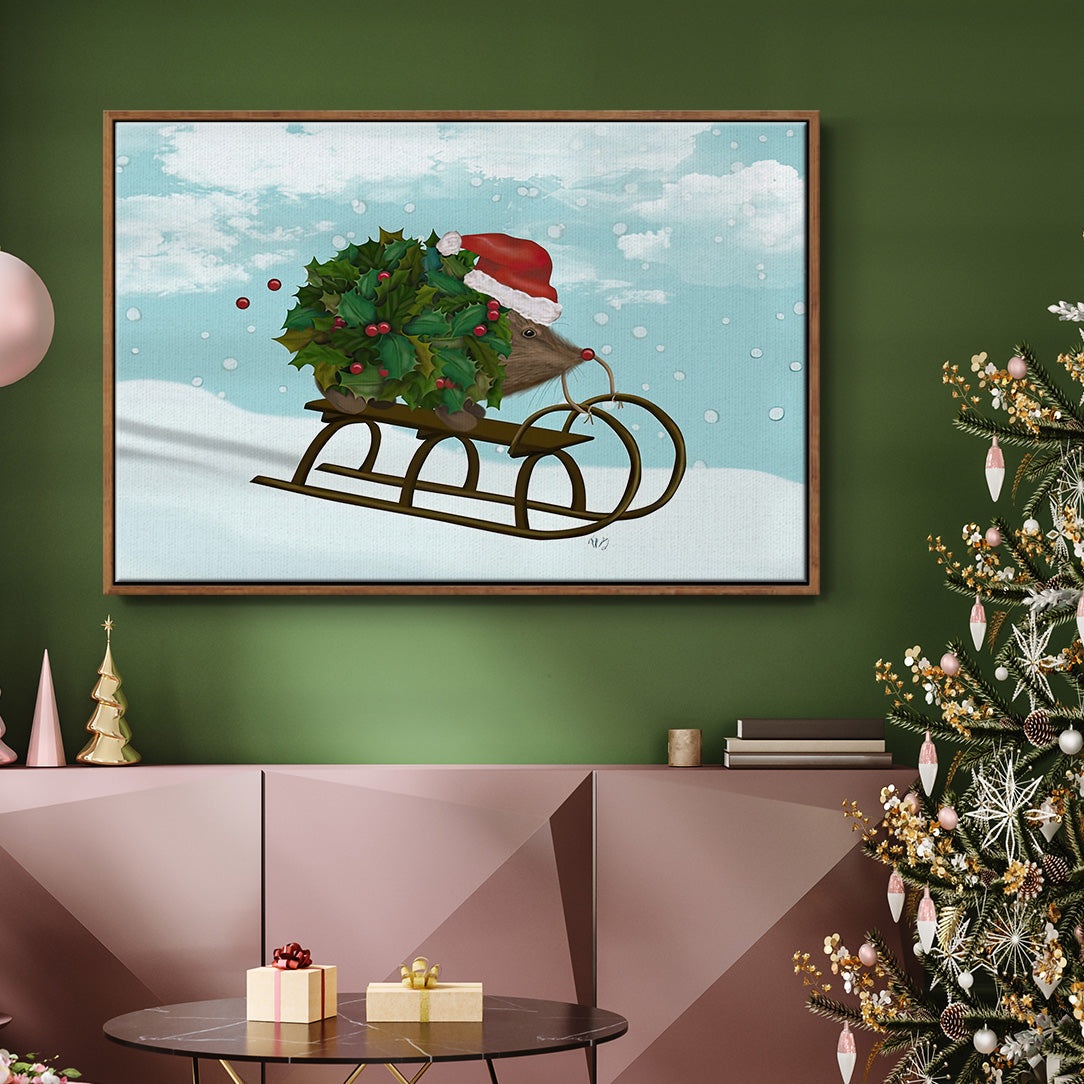 Christmas Holly Hedgehog Sledding - Floater Framed Canvas Print