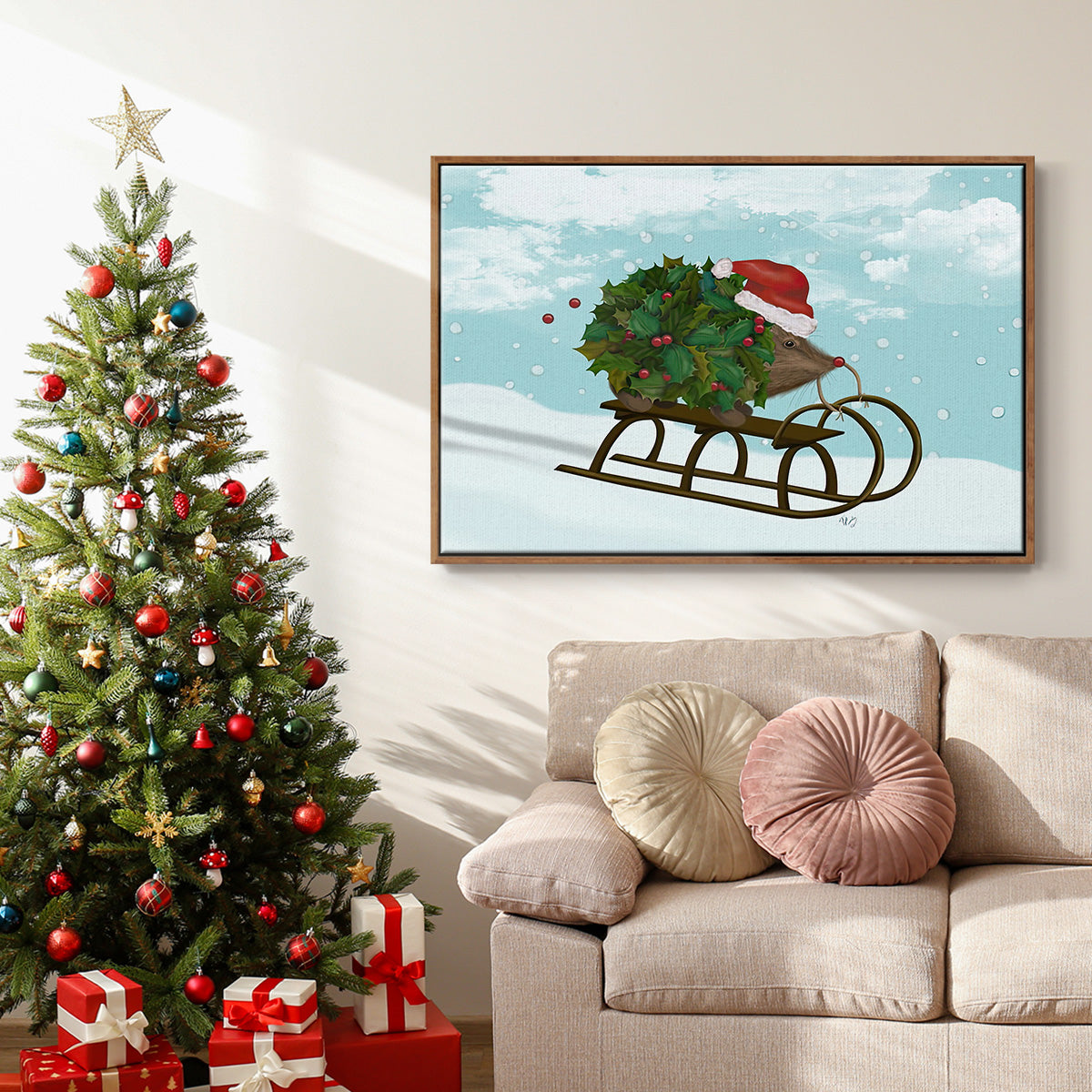 Christmas Holly Hedgehog Sledding - Floater Framed Canvas Print