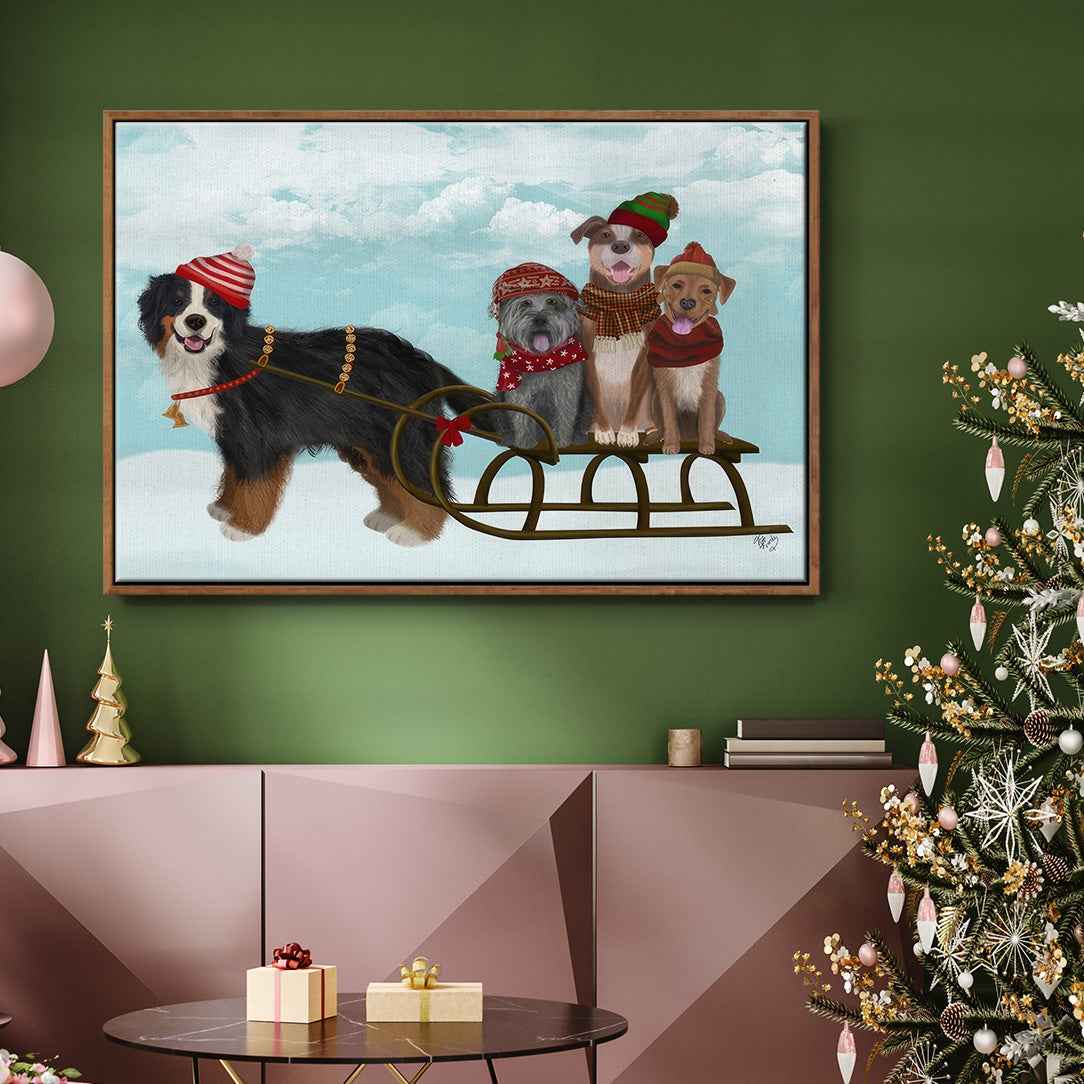 Christmas Mutt Sled - Floater Framed Canvas Print