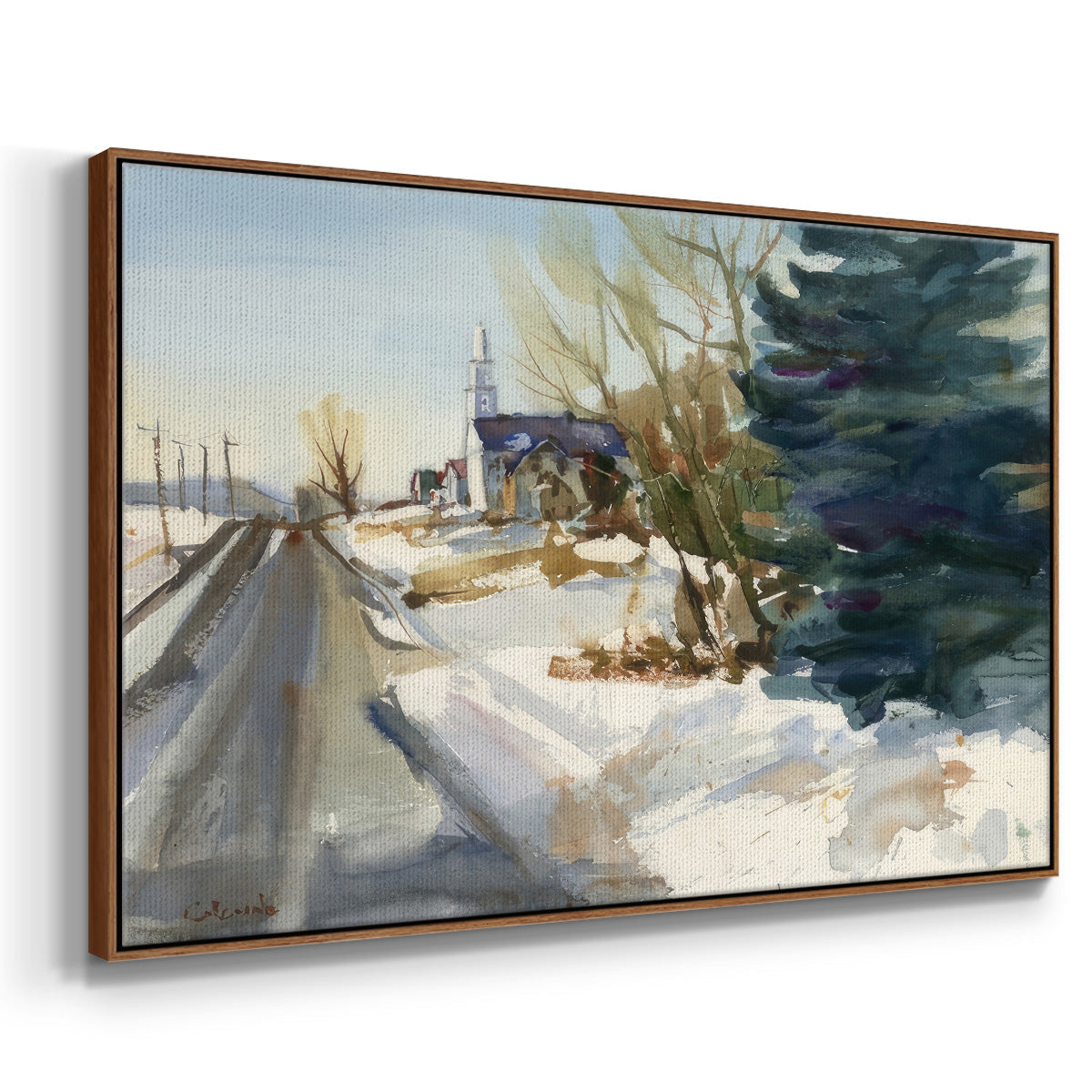 Congregational Church in Winter - Floater Framed Canvas Print