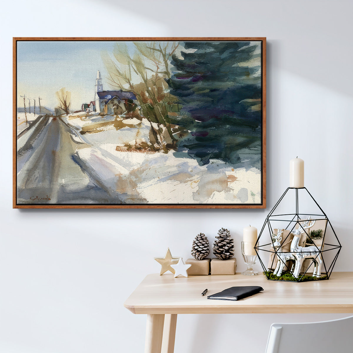 Congregational Church in Winter - Floater Framed Canvas Print