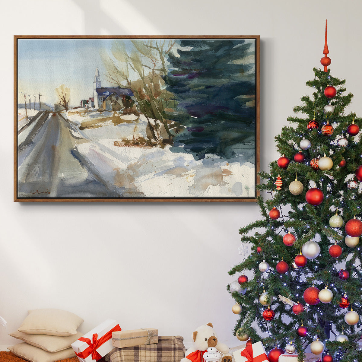 Congregational Church in Winter - Floater Framed Canvas Print