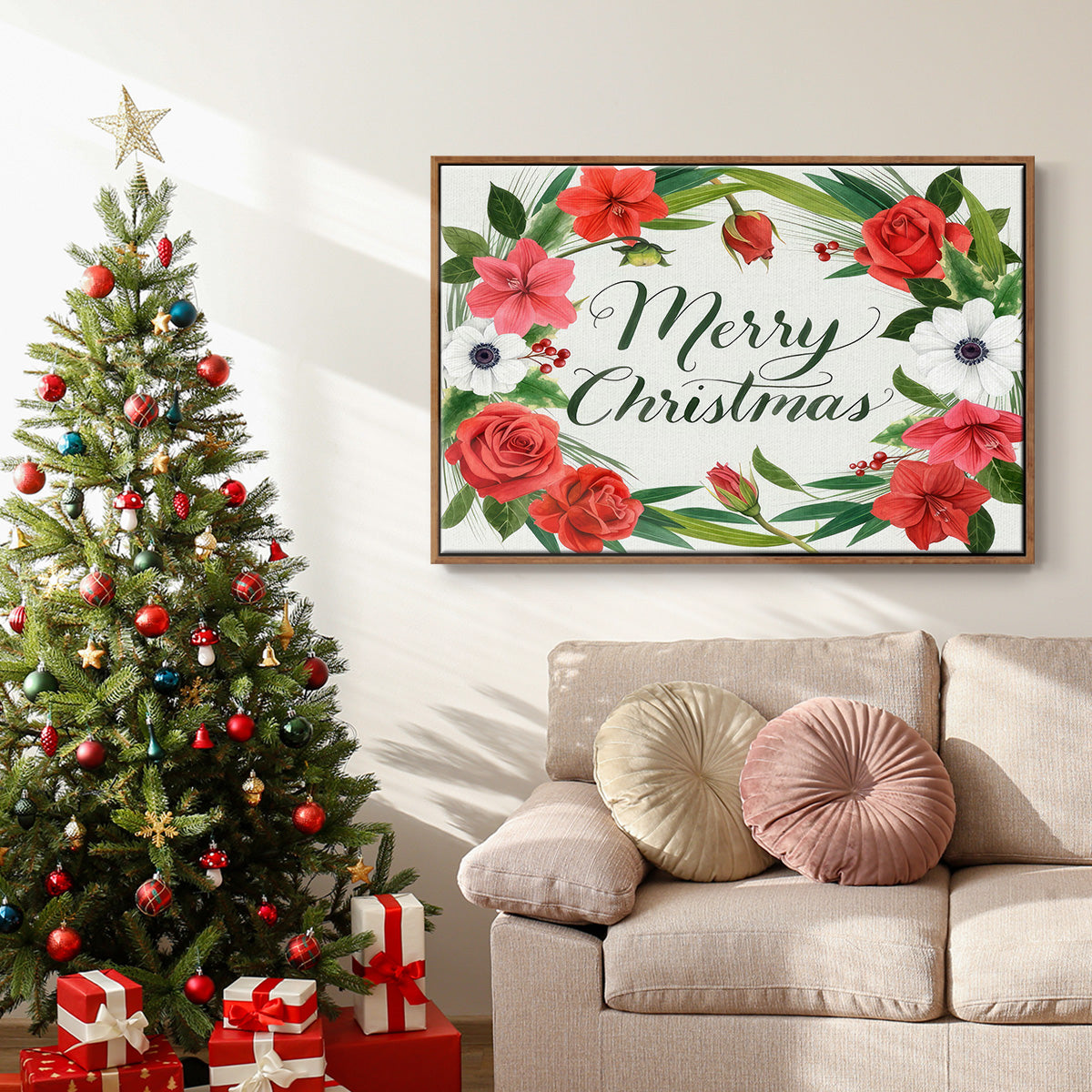 Christmas Floral Wreath Collection A - Floater Framed Canvas Print