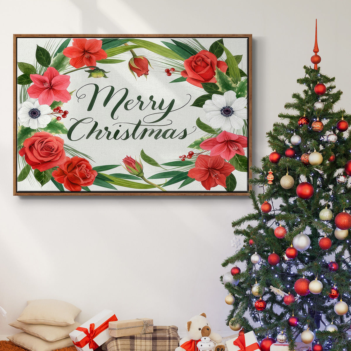 Christmas Floral Wreath Collection A - Floater Framed Canvas Print