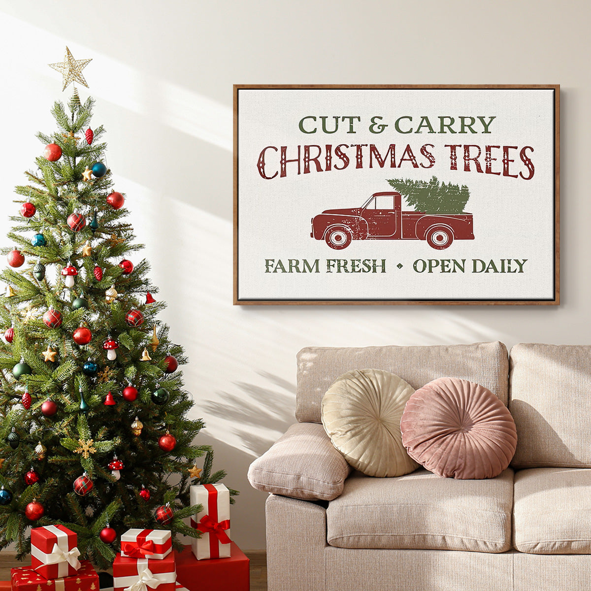 Christmas Farm Sign II - Floater Framed Canvas Print