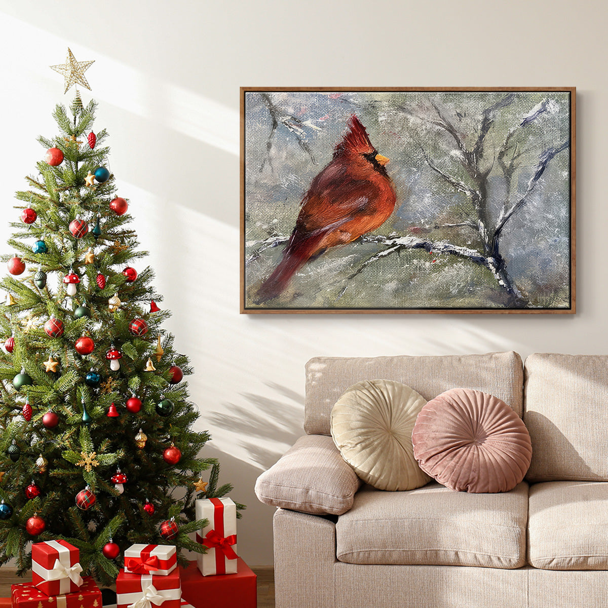 Cardinal in Snow II - Floater Framed Canvas Print