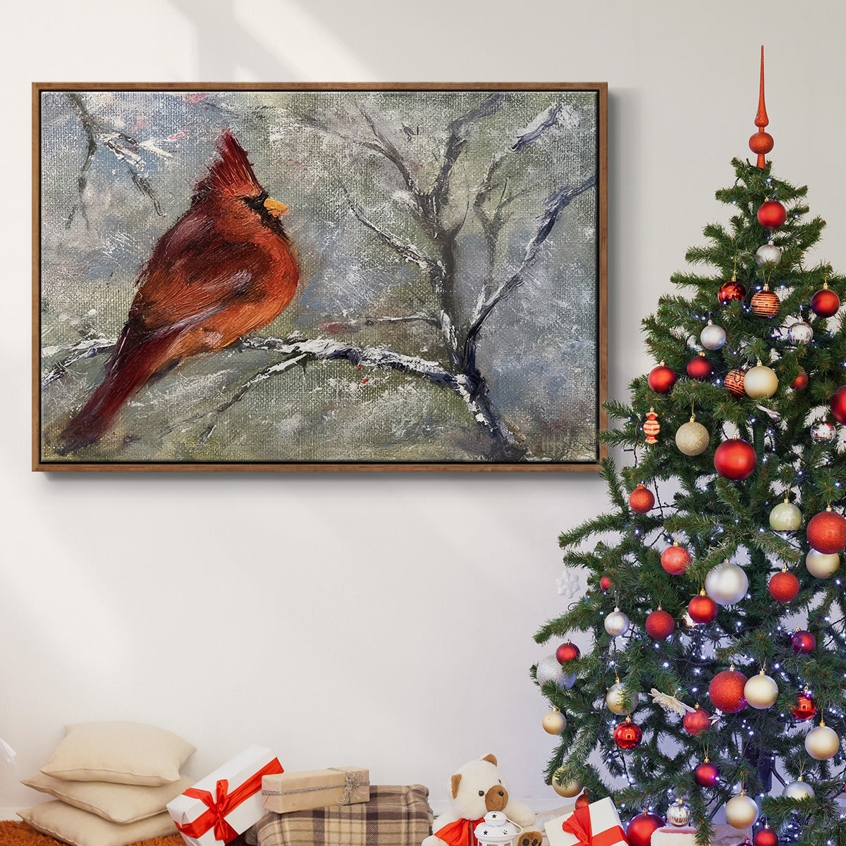 Cardinal in Snow II - Floater Framed Canvas Print