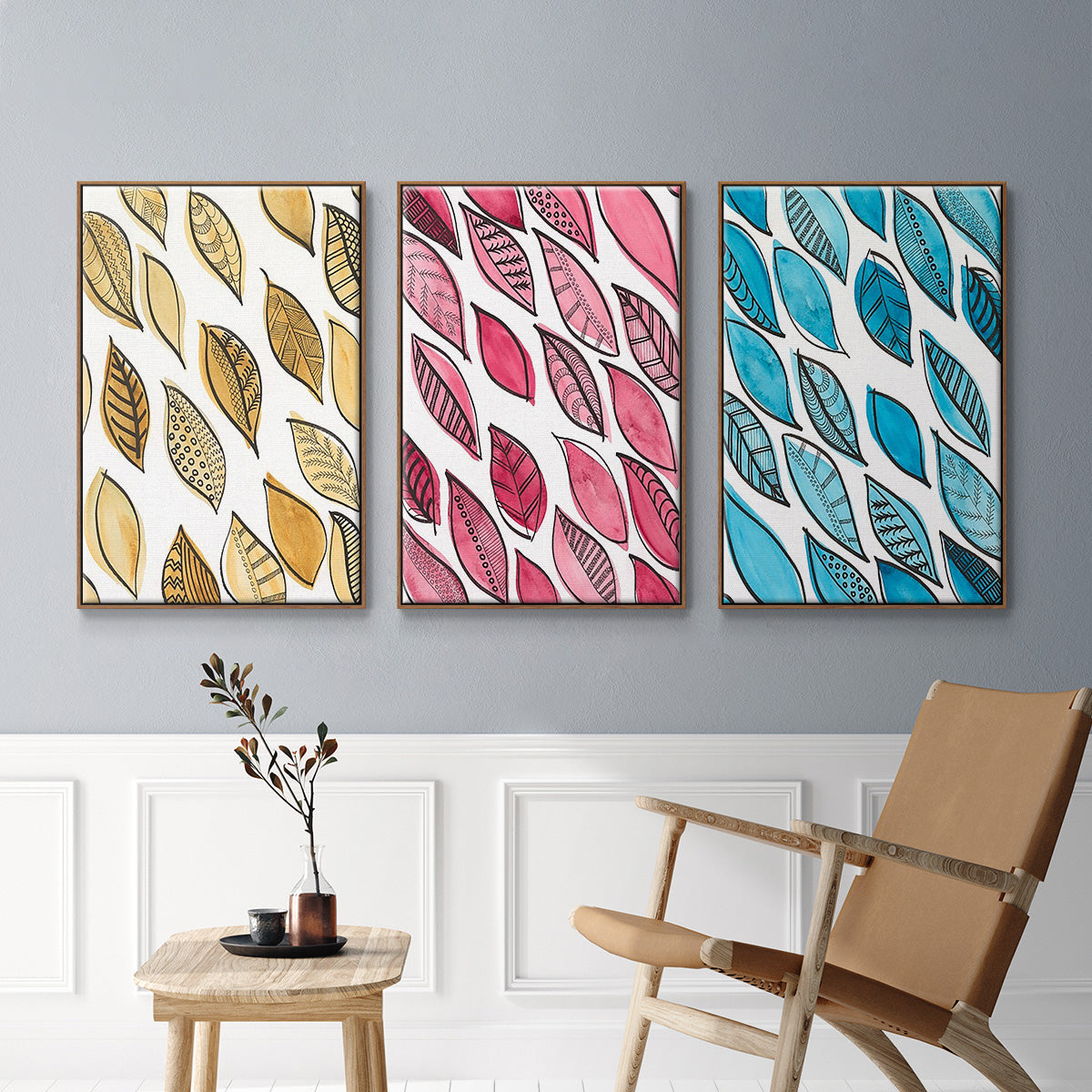 Patterned Leaf Shapes I - Floater Framed Canvas Set