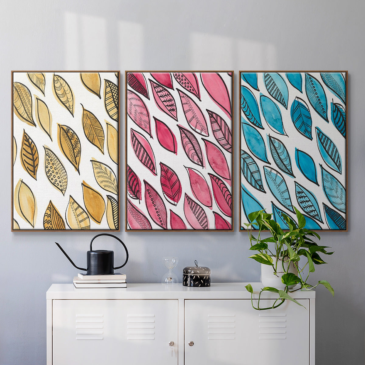 Patterned Leaf Shapes I - Floater Framed Canvas Set