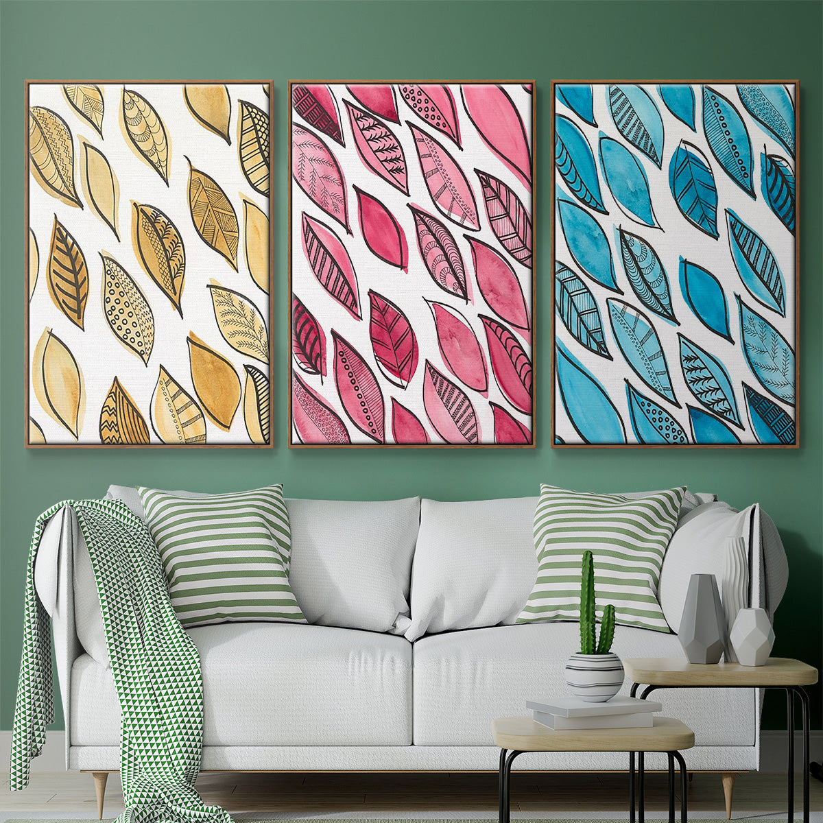 Patterned Leaf Shapes I - Floater Framed Canvas Set