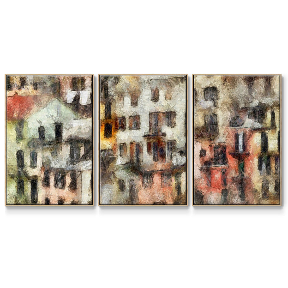 Stacked Houses I - Floater Framed Canvas Set
