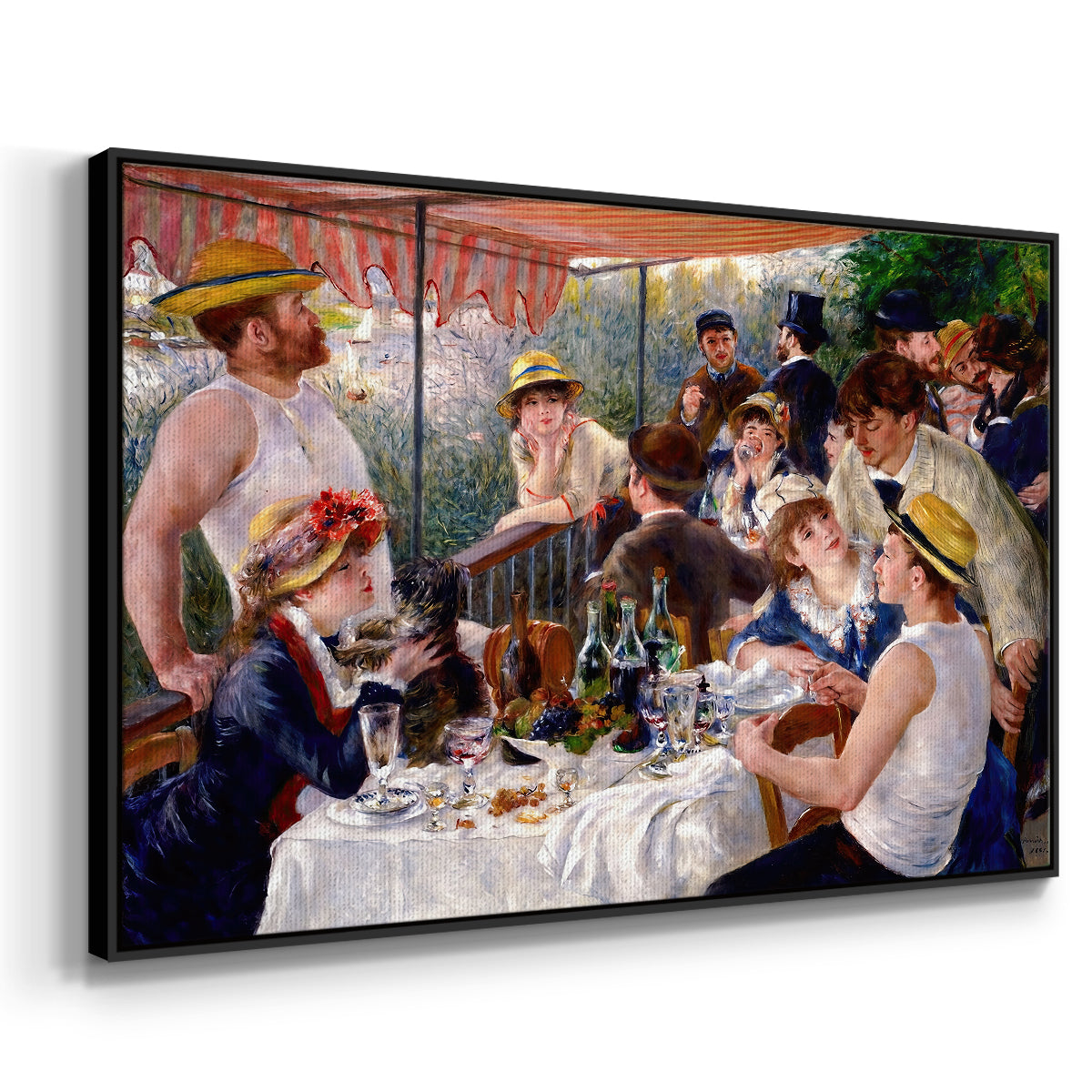 Angled view of Luncheon of the Boating Party (Le Déjeuner des canotiers), 1880-1881 by Pierre-Auguste Renoir in a black floater framed canvas.