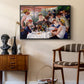 Luncheon of the Boating Party (Le Déjeuner des canotiers), 1880-1881 by Pierre-Auguste Renoir as a black floater framed canvas featuring an impressionist scene of friends enjoying lunch with wine and conversation, styled above a mid-century console in a contemporary living area.