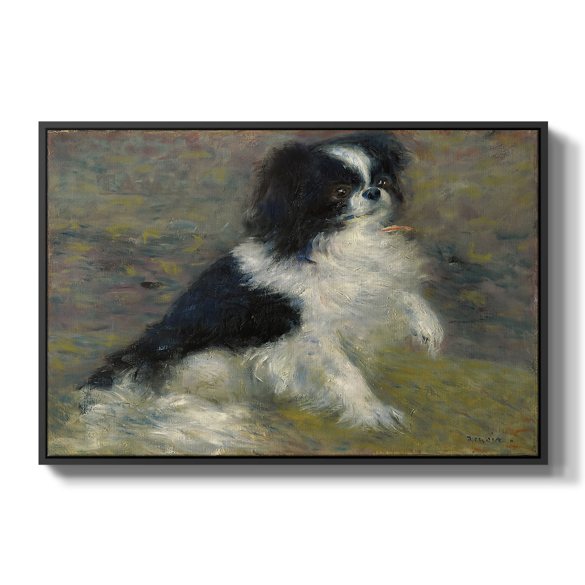 Tama, the Japanese Dog, c. 1876 by Pierre-Auguste Renoir in a black floater framed canvas wall art display.
