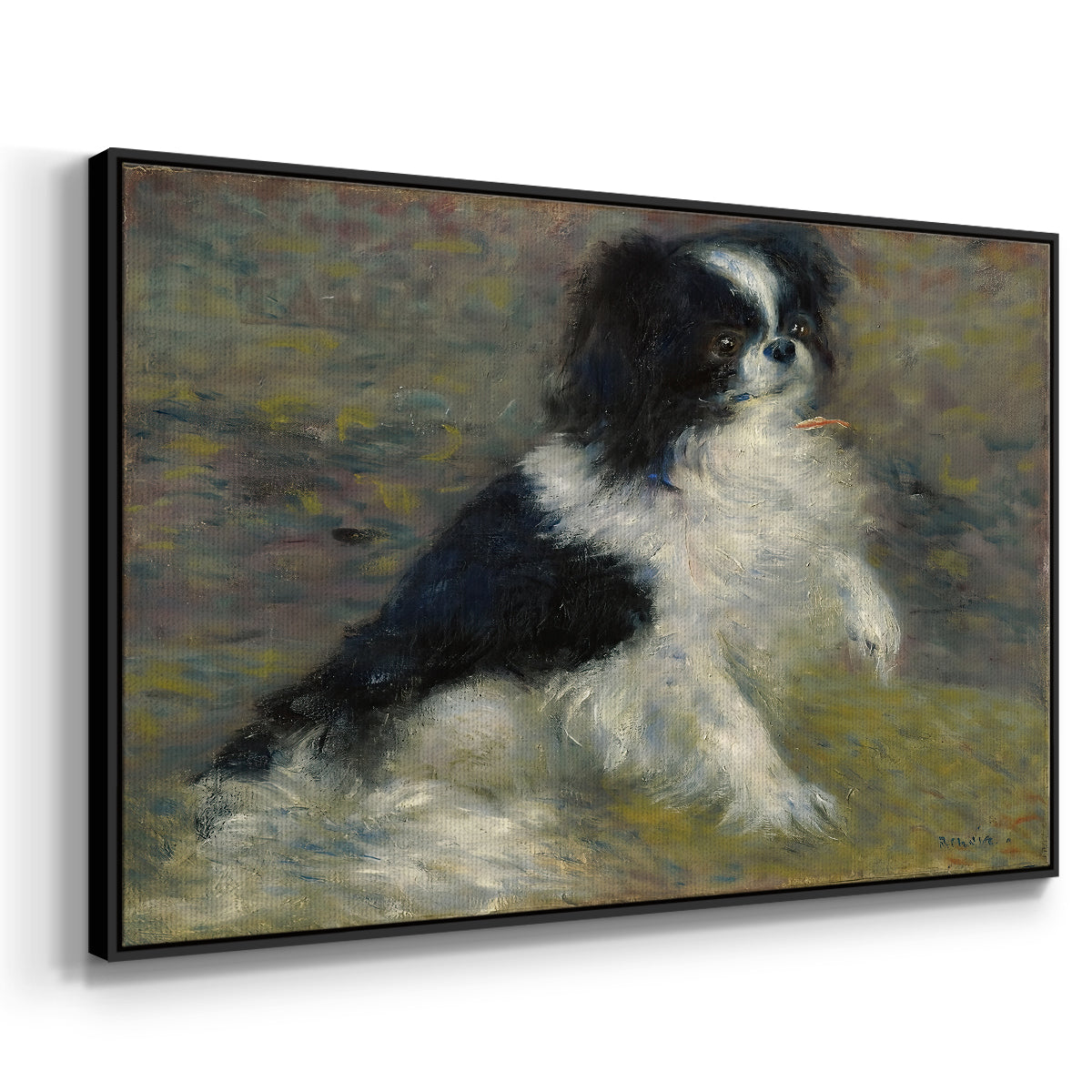 Angled view of Tama, the Japanese Dog, c. 1876 by Pierre-Auguste Renoir in a black floater framed canvas.