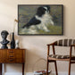 Tama, the Japanese Dog, c. 1876 by Pierre-Auguste Renoir as a black floater framed canvas featuring a close-up of a small dog in motion surrounded by rippling water, styled above a mid-century console in a contemporary living area.