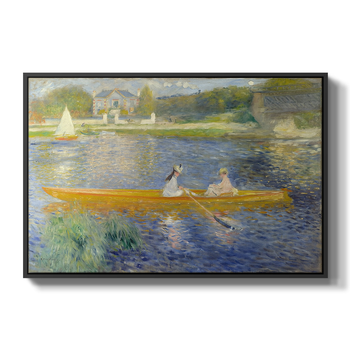 The Skiff (La Yole), 1875 by Pierre-Auguste Renoir in a black floater framed canvas wall art display.