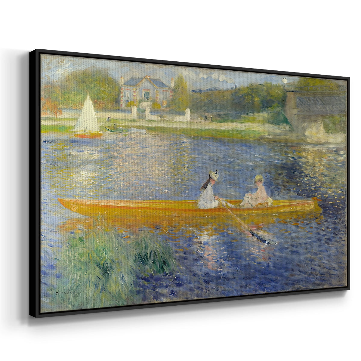 Angled view of The Skiff (La Yole), 1875 by Pierre-Auguste Renoir in a black floater framed canvas.