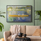 Black floater framed canvas featuring a leisure scene of figures in a small rowboat on tranquil water, displayed above a sofa in a modern living room.