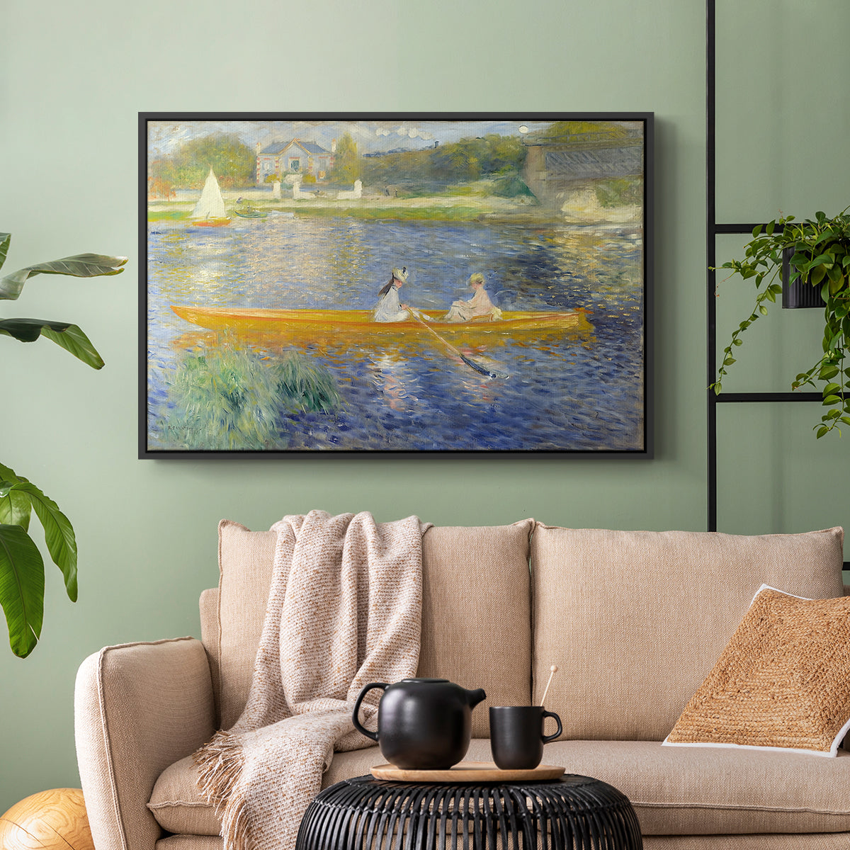 Black floater framed canvas featuring a leisure scene of figures in a small rowboat on tranquil water, displayed above a sofa in a modern living room.