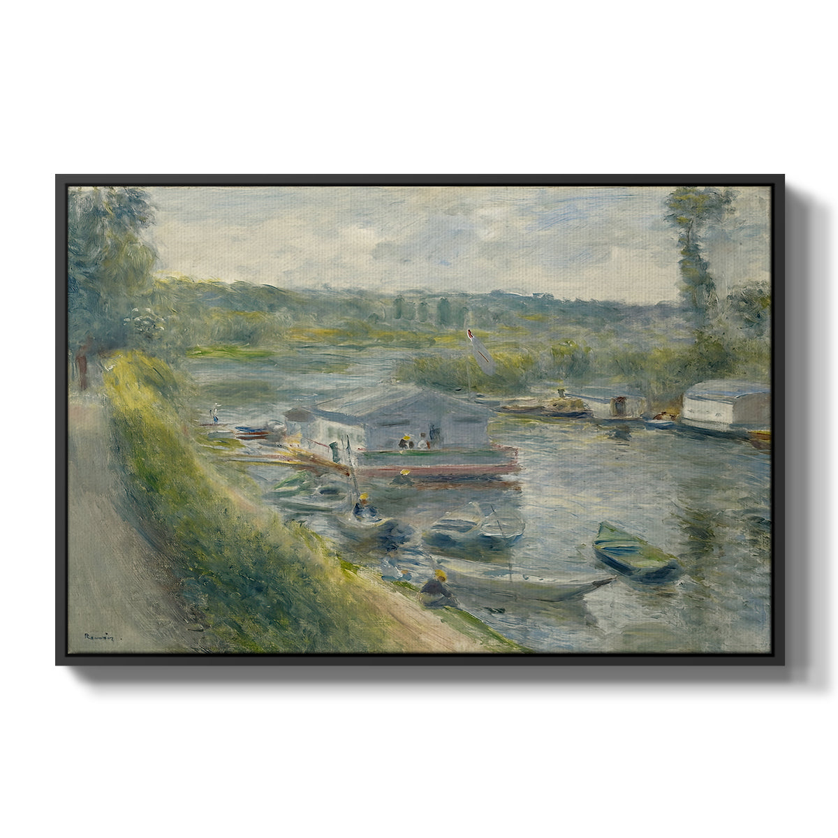 Wash-House Boat at Bas-Meudon, c. 1874 by Pierre-Auguste Renoir in a black floater framed canvas wall art display.