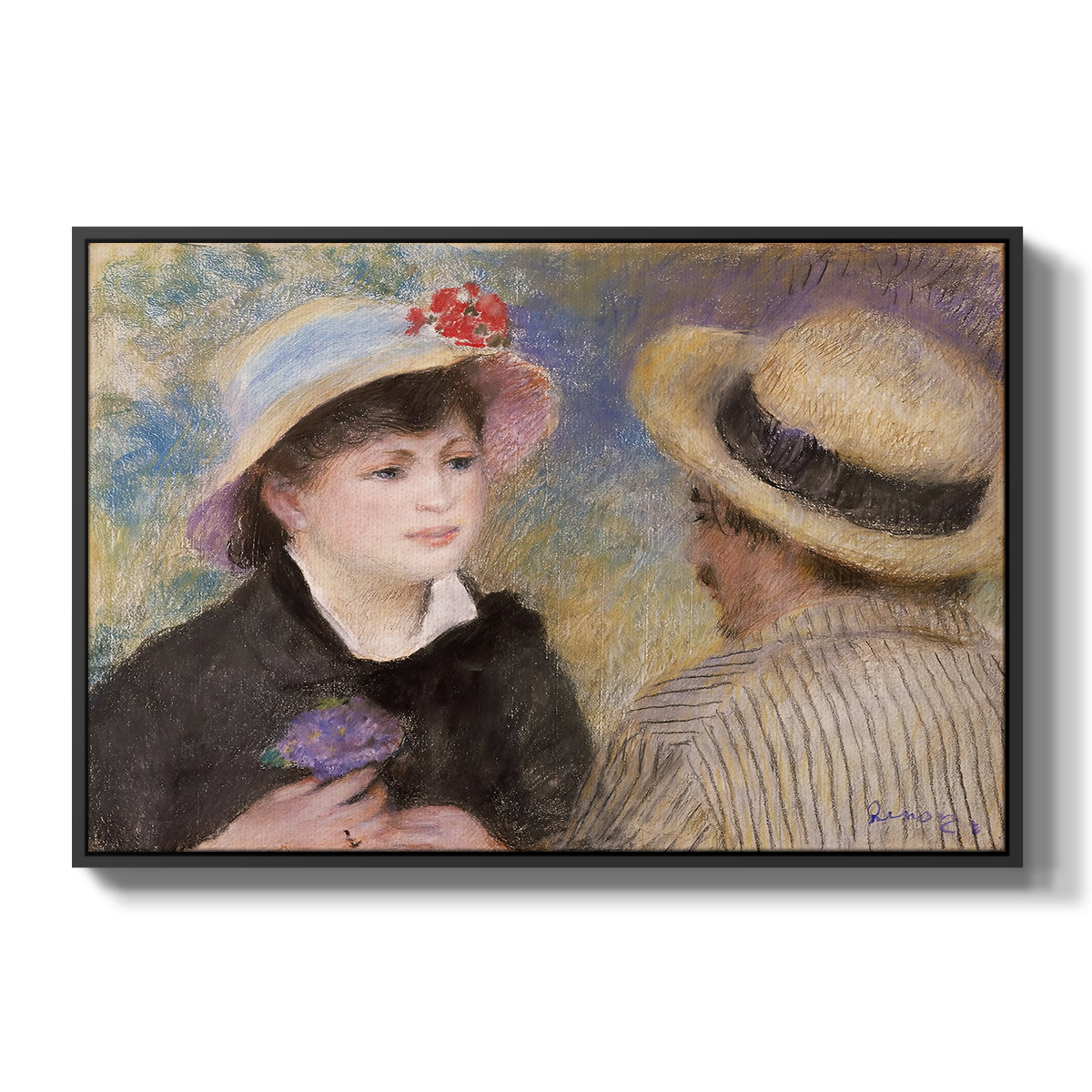 Boating Couple (Aline Charigot and Renoir), c. 1881 by Pierre-Auguste Renoir in a black floater framed canvas wall art display.