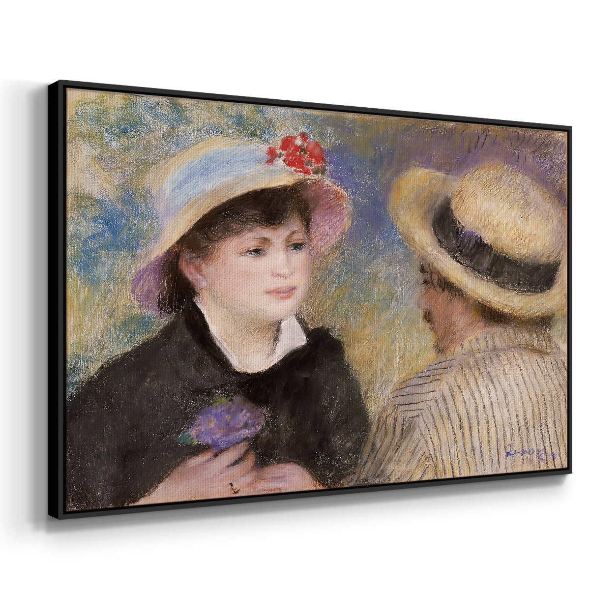 Angled view of Boating Couple (Aline Charigot and Renoir), c. 1881 by Pierre-Auguste Renoir in a black floater framed canvas.