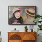 Boating Couple (Aline Charigot and Renoir), c. 1881 by Pierre-Auguste Renoir in a black floater framed canvas featuring a close-up of a couple seated together outdoors with hats and soft sunlight, displayed above a wood console cabinet.
