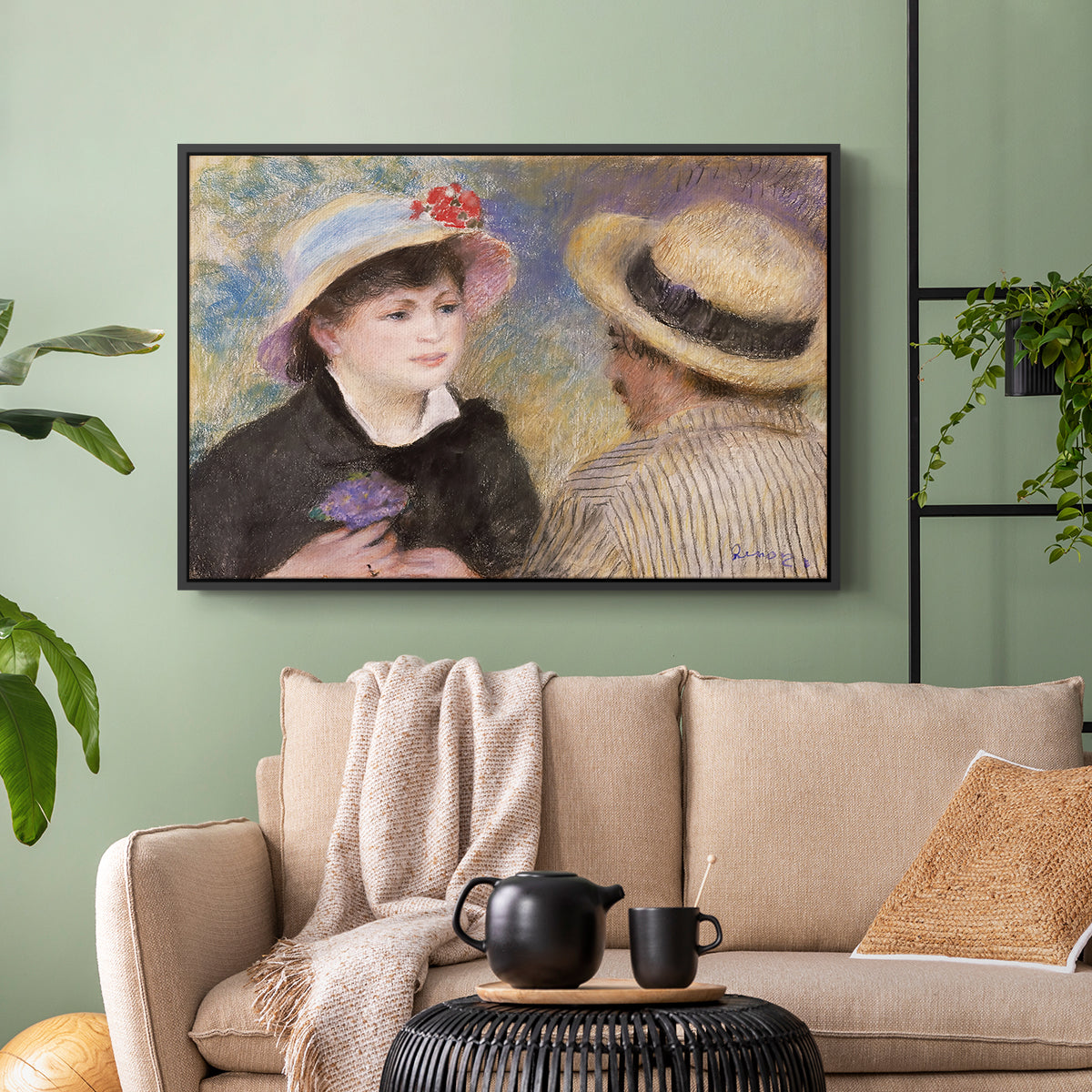 Black floater framed canvas featuring a romantic scene of two figures in casual conversation with soft light, displayed above a sofa in a modern living room.