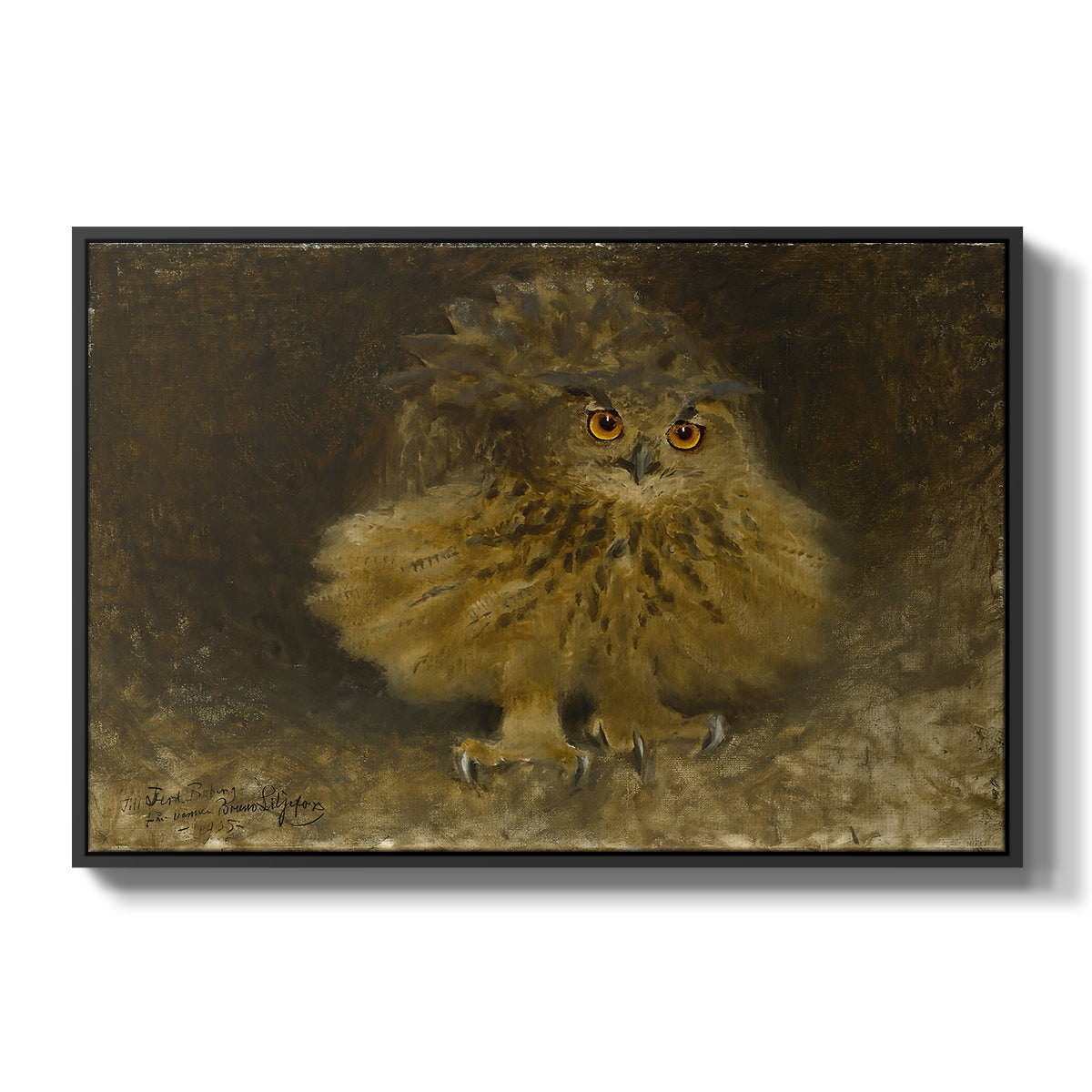 An Eagle Owl (Berguv), 1905 by Bruno Liljefors in a black floater framed canvas wall art display.