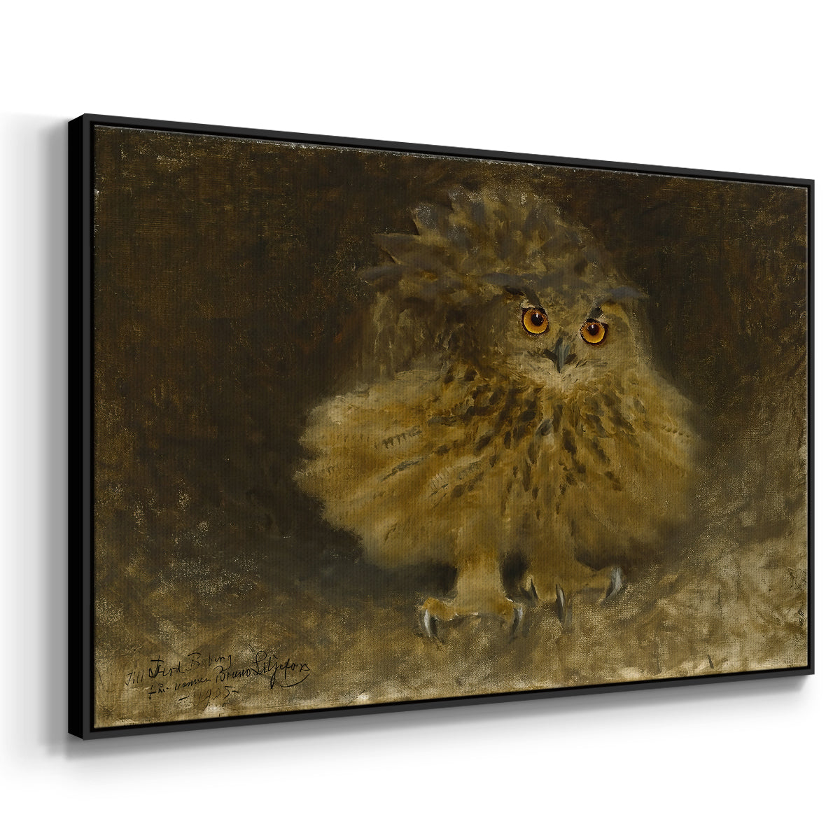 Angled view of An Eagle Owl (Berguv), 1905 by Bruno Liljefors in a black floater framed canvas.