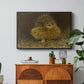 An Eagle Owl (Berguv), 1905 by Bruno Liljefors in a black floater framed canvas featuring a large owl perched on branch in shadowy natural forest setting, displayed above a wood console cabinet.