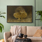 Black floater framed canvas featuring a realistic depiction of owl camouflaged within woodland environment, displayed above a sofa in a modern living room.