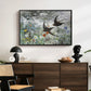 Common Swifts, 1886 by Bruno Liljefors displayed in a black floater framed canvas above a dark wood credenza in an entryway.