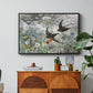Common Swifts, 1886 by Bruno Liljefors in a black floater framed canvas featuring a flock of birds in flight soaring across open sky above landscape, displayed above a wood console cabinet.