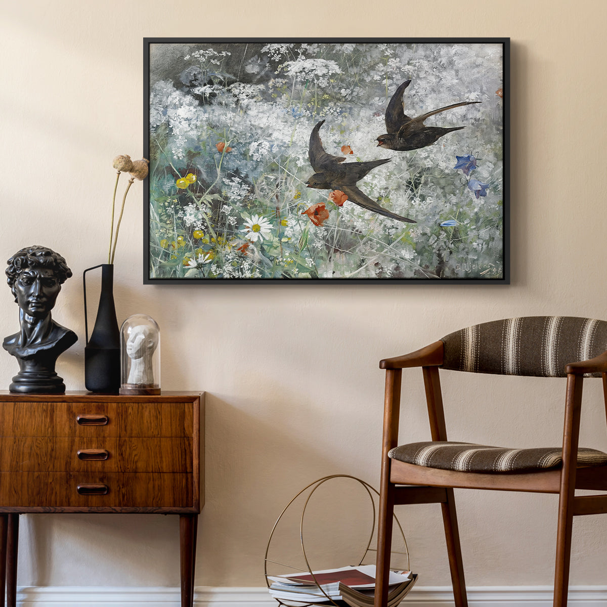 Common Swifts, 1886 by Bruno Liljefors as a black floater framed canvas featuring a multiple birds flying together in natural outdoor scene, styled above a mid-century console in a contemporary living area.