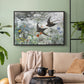 Black floater framed canvas featuring an impressionist wildlife scene capturing birds in motion, displayed above a sofa in a modern living room.