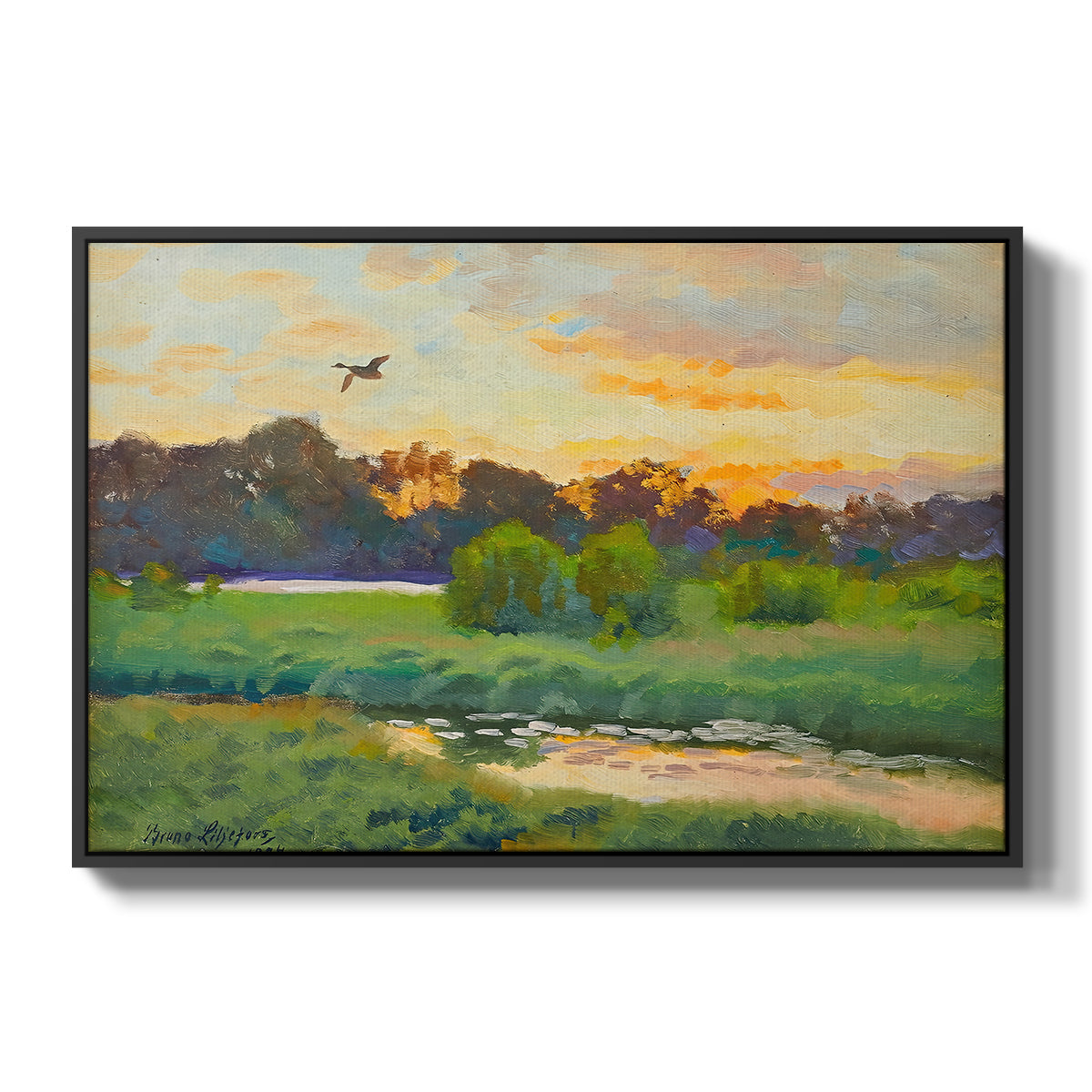 Flying Duck at Sunset, 1924 by Bruno Liljefors in a black floater framed canvas wall art display.