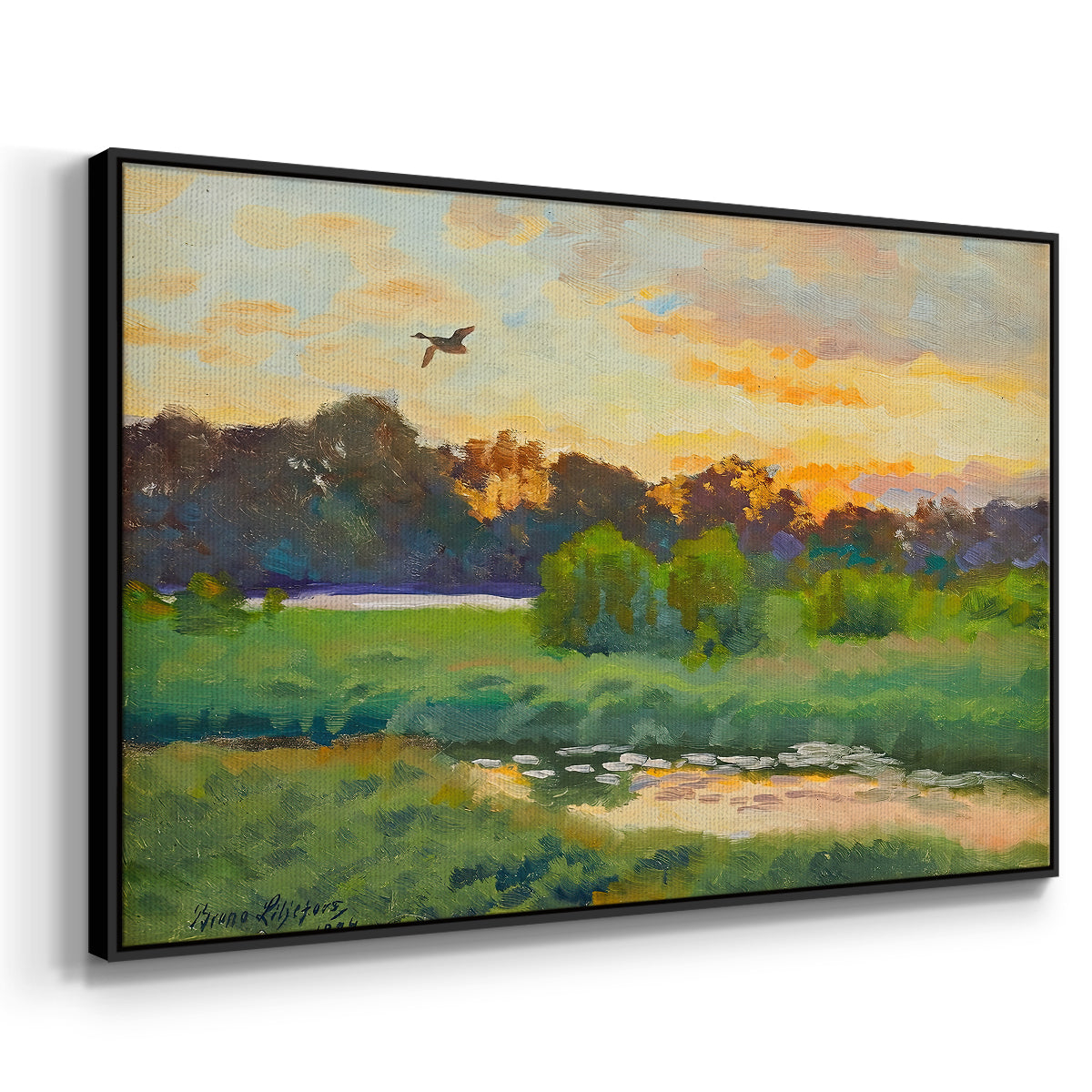 Angled view of Flying Duck at Sunset, 1924 by Bruno Liljefors in a black floater framed canvas.