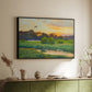 Black floater framed canvas of Flying Duck at Sunset, 1924 by Bruno Liljefors, featuring a lone duck soaring over a glowing marshland above a sideboard in a softly lit hallway.
