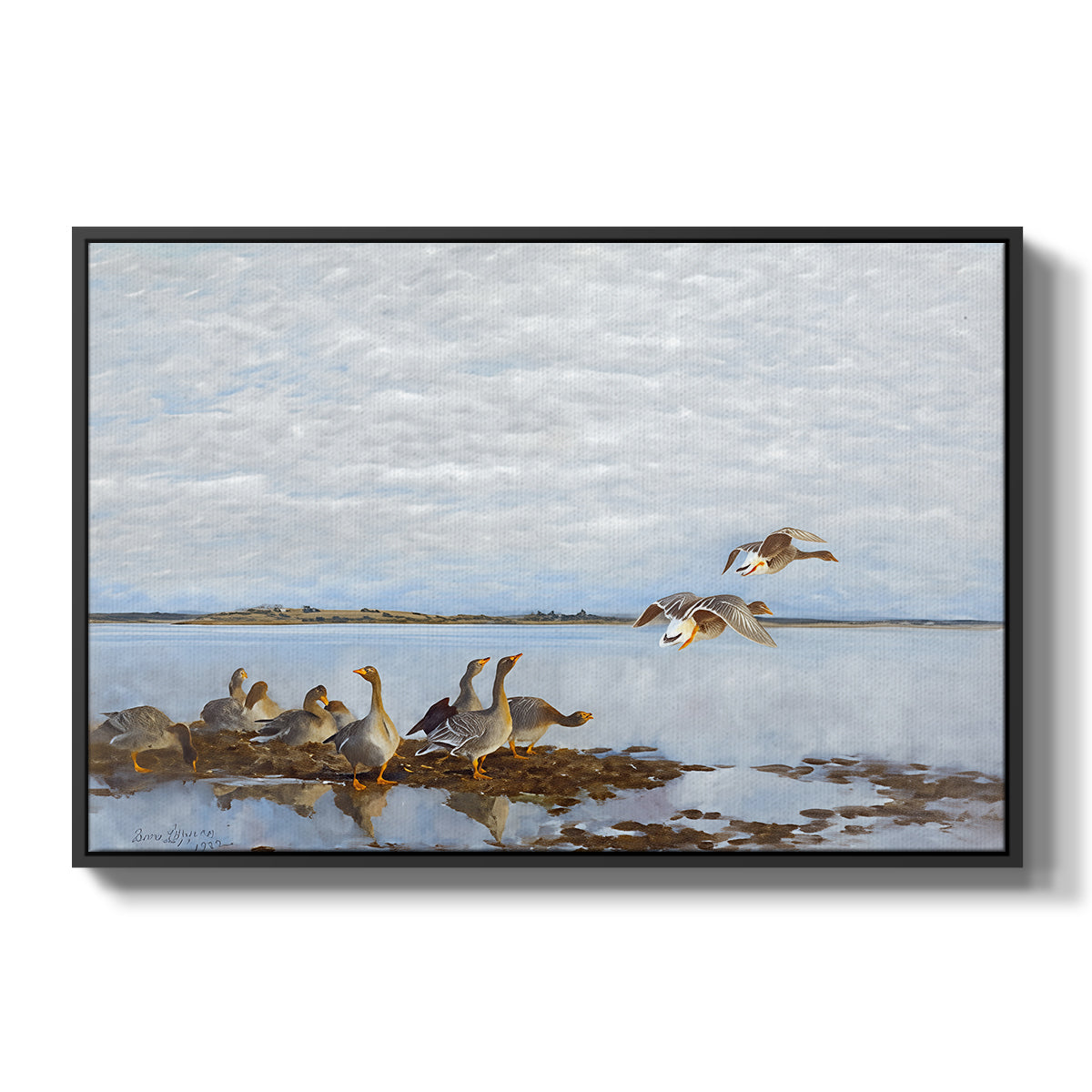 Greylag Geese (Grågäss), 1922 by Bruno Liljefors in a black floater framed canvas wall art display.