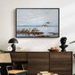 Greylag Geese (Grågäss), 1922 by Bruno Liljefors displayed in a black floater framed canvas above a dark wood credenza in an entryway.