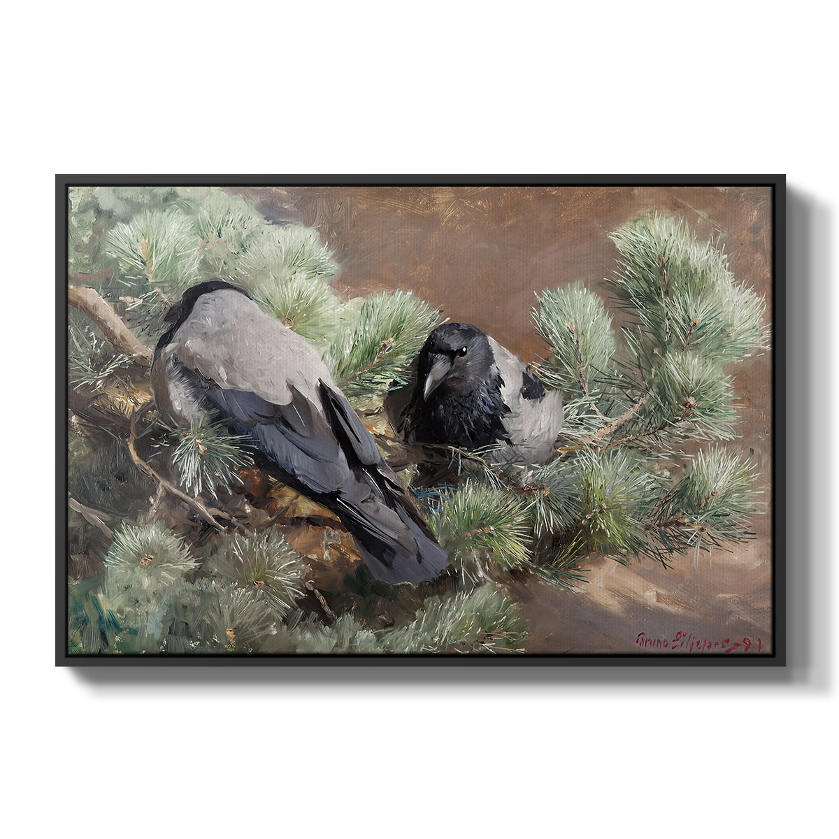 Hooded Crows (Kråkor), 1891 by Bruno Liljefors in a black floater framed canvas wall art display.