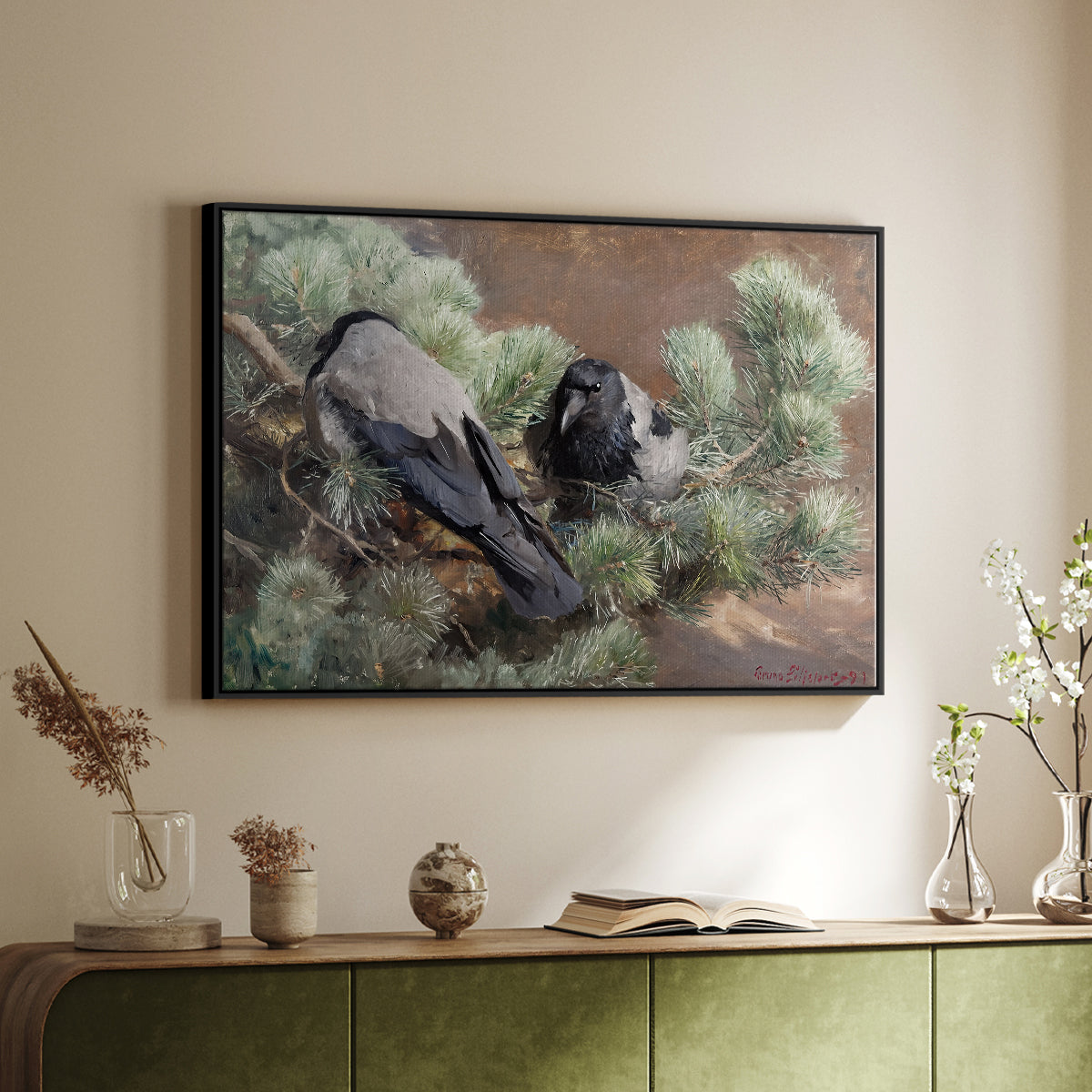 Black floater framed canvas of Hooded Crows (Kråkor), 1891 by Bruno Liljefors, featuring birds standing alert in natural field environment above a sideboard in a softly lit hallway.