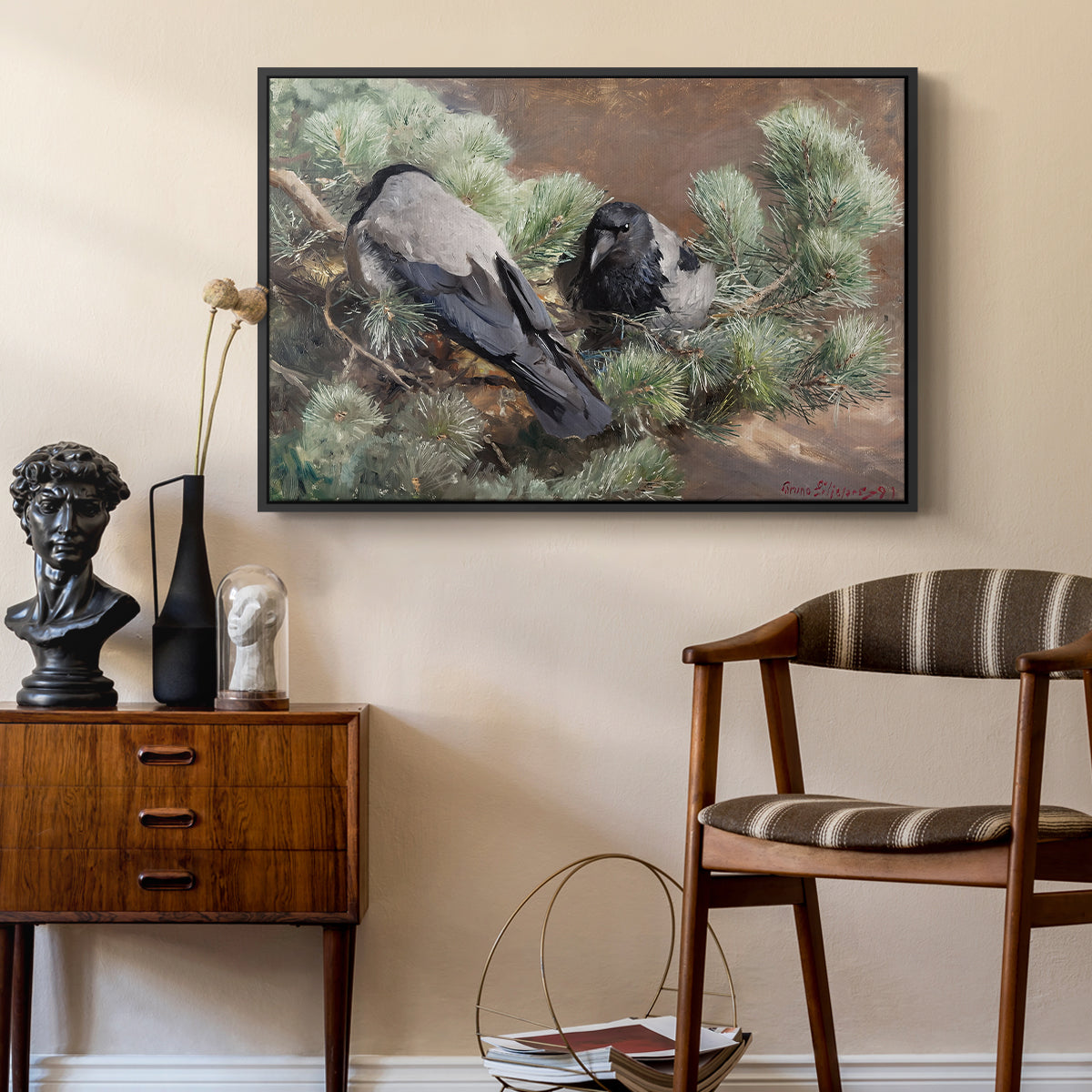 Hooded Crows (Kråkor), 1891 by Bruno Liljefors as a black floater framed canvas featuring a realistic scene of crows interacting on grassy terrain, styled above a mid-century console in a contemporary living area.